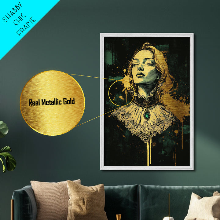 Gothic Victorian Woman Portrait Metallic Gold Art Metal Art Halloween Wall Decor Spooky Dark Academia Style in Real Wood Frame