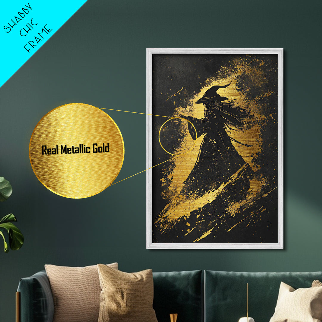 Witch Silhouette Metallic Gold Art Metal Art | Gothic Halloween Wall Decor Framed in Real Wood | Haunted Witchy Spooky Print