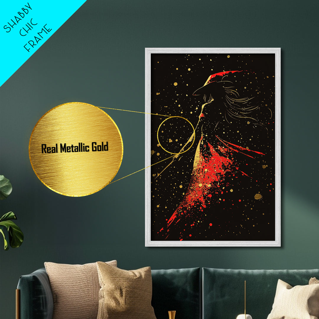 Red Cloaked Witch Metallic Gold Art Metal Art | Creepy Gothic Halloween Wall Decor | Spooky Sorceress Artwork with Wood Frame