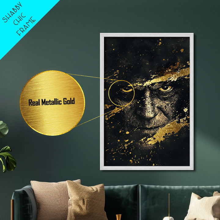 Dark Sorcerer Metallic Gold Art Metal Art | Haunted Gothic Portrait Halloween Wall Decor with Real Wood Frame | Spooky Print