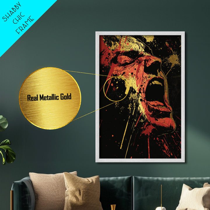 Screaming Horror Metallic Gold Art Metal Art | Gothic Haunted Halloween Wall Decor | Real Wood Frame Creepy Spooky Season Art