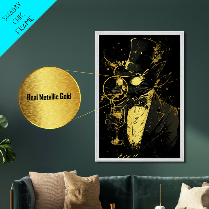 Black Cat in Top Hat Metallic Gold Art Metal Art | Spooky Season Halloween Decor | Framed in Real Wood Gothic Haunted Artwork