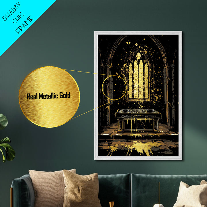 Haunted Cathedral DJ Booth Metallic Gold Art Metal Art Gothic Halloween Wall Decor Spooky Music Party Scene in Real Wood Frame