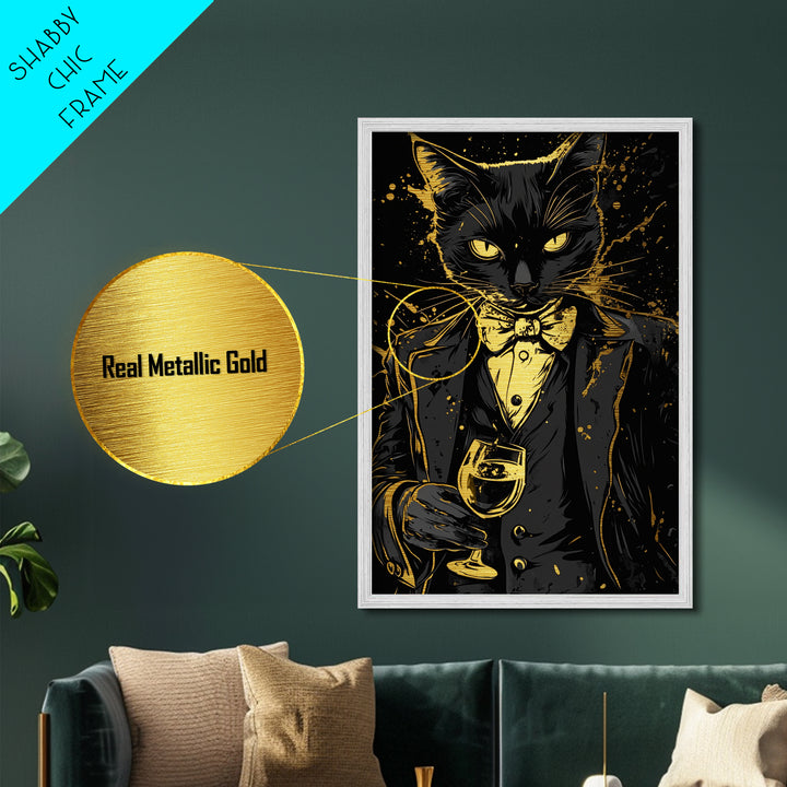 Dapper Cat Portrait Metallic Gold Art Metal Art | Creepy Halloween Gothic Wall Art with Real Wood Frame | Haunted Spooky Decor