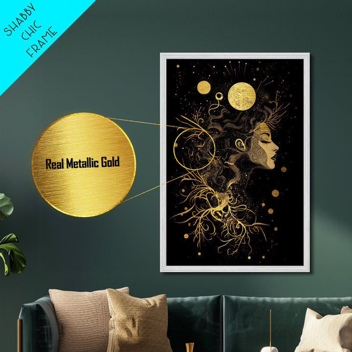Haunted Moon Goddess Metallic Gold Art Metal Art In Gothic Style Framed In Real Wood For Spooky Halloween Wall Decor