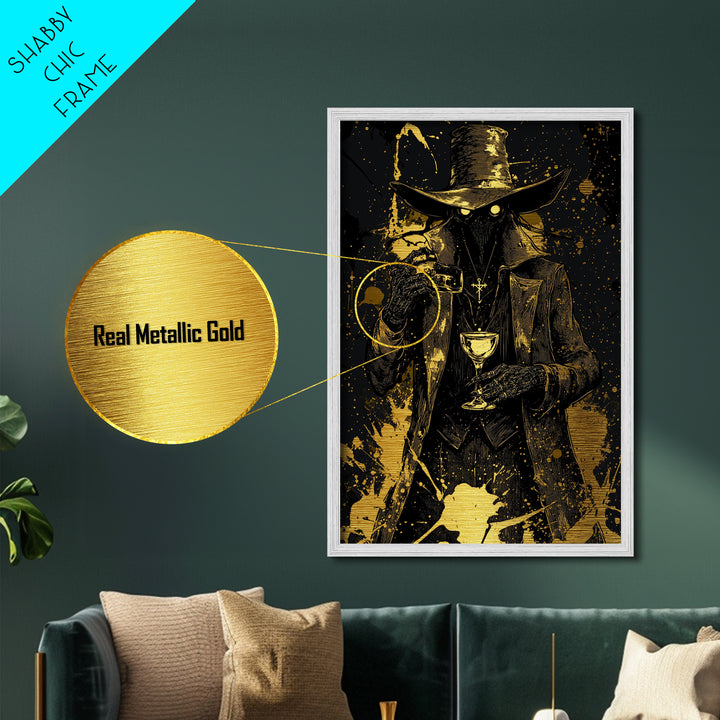 Witchy Plague Doctor Metallic Gold Art Metal Art Gothic Horror Halloween Print With Natural Wood Frame For Spooky Season