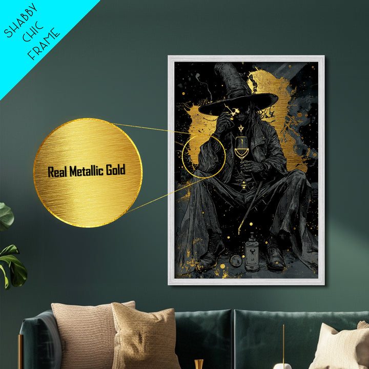 Creepy Gothic Sorcerer Metallic Gold Art Metal Art Spooky Halloween Wall Hanging In Real Wood Frame Witchcraft Inspired