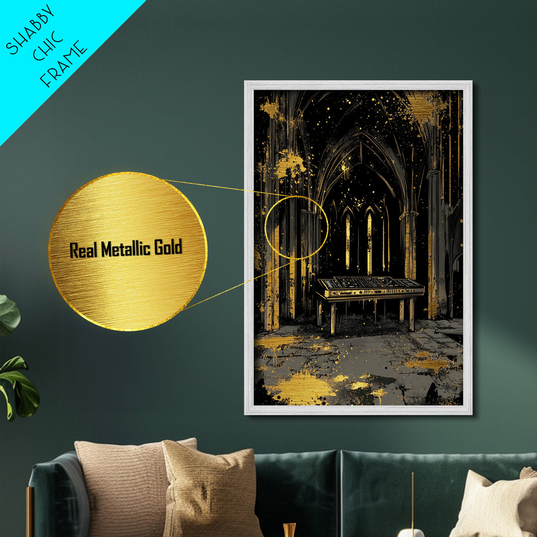 Spooky Gothic Church Metallic Gold Art Metal Art Halloween Wall Decor Haunted Cathedral Nightclub Vibe in Real Wood Frame