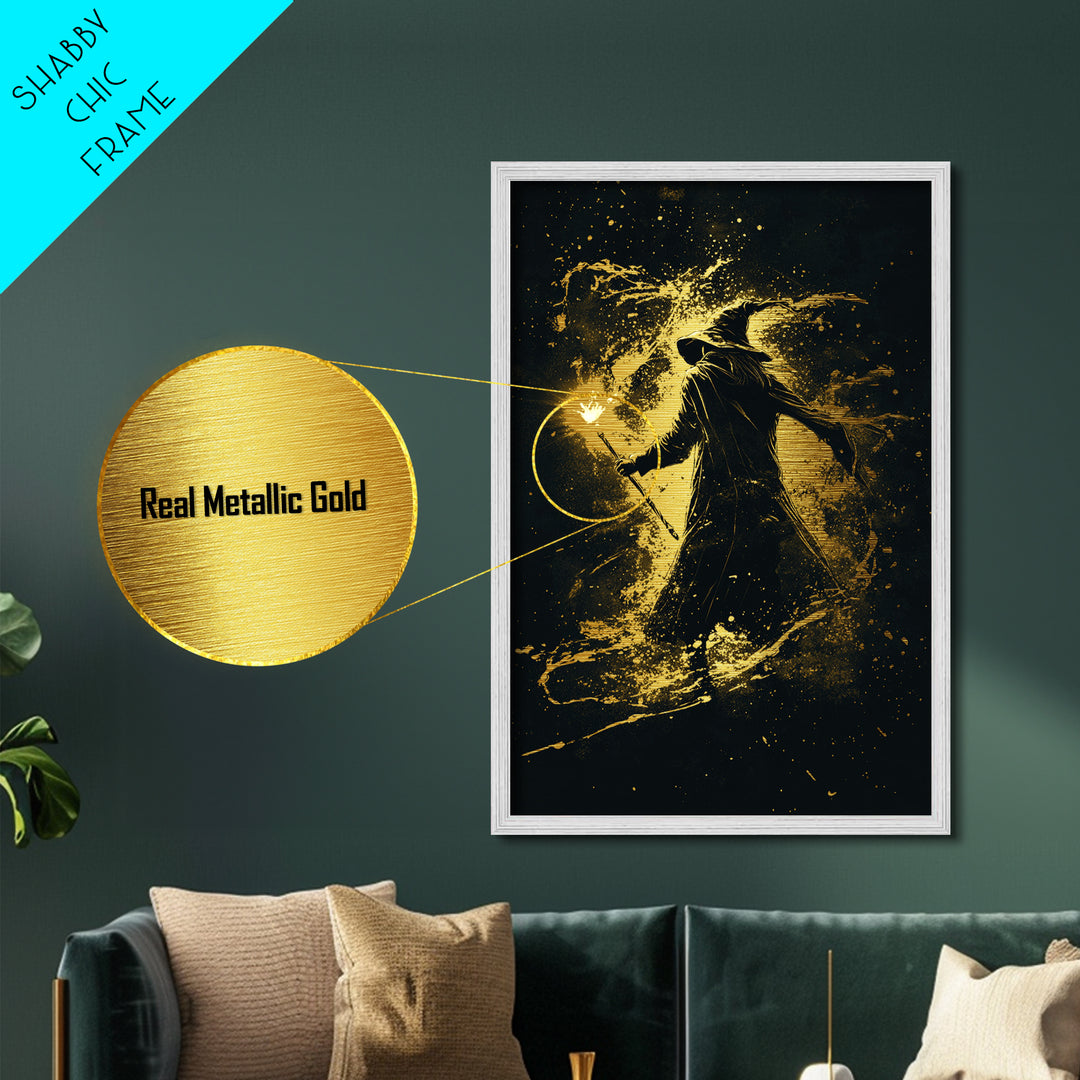 Gothic Wizard Metallic Gold Art Halloween Wall Decor, Spooky Metal Art With Torch Magic, Framed In Real Wood For Haunted Vibes