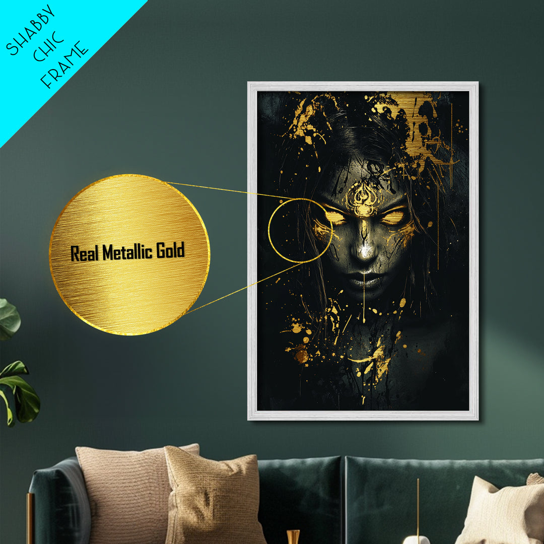 Witchy Woman Metallic Gold Art Spooky Season Portrait, Creepy Metal Art With Fiery Eyes, Halloween Wall Art In Real Wood Frame
