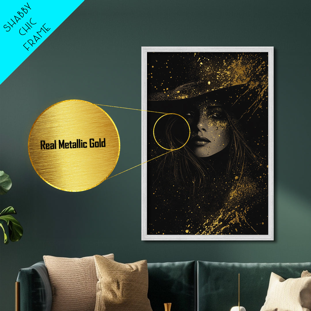 Dark Enchantress Metallic Gold Art Witchy Portrait, Metal Art Halloween Wall Hanging, Spooky Season Magic Framed In Real Wood