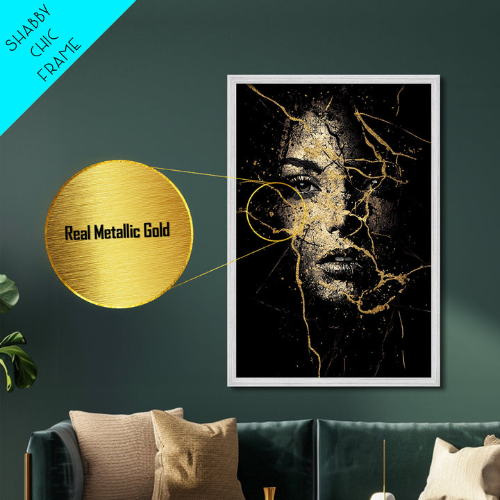 Cracked Face Metallic Gold Art Gothic Halloween Portrait, Haunted Metal Art Creepy Wall Decor, Spooky Season Style With Wood Frame