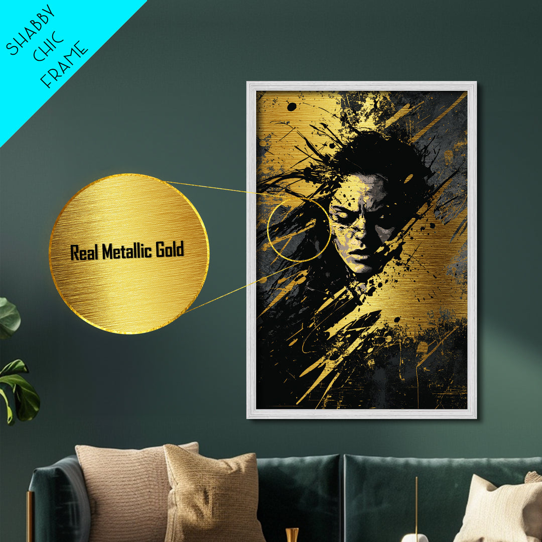 Sinister Face Metallic Gold Art Haunted Halloween Portrait, Gothic Metal Art Spooky Season Wall Design, With Real Wood Framing