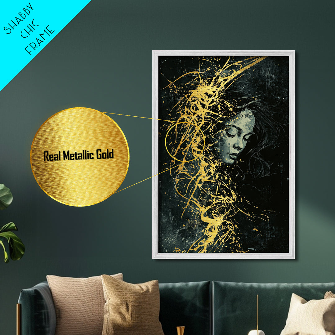 Whimsical Witch Metallic Gold Art Spooky Portrait, Halloween Metal Art Haunted Illustration, Framed In Real Wood For Gothic Decor