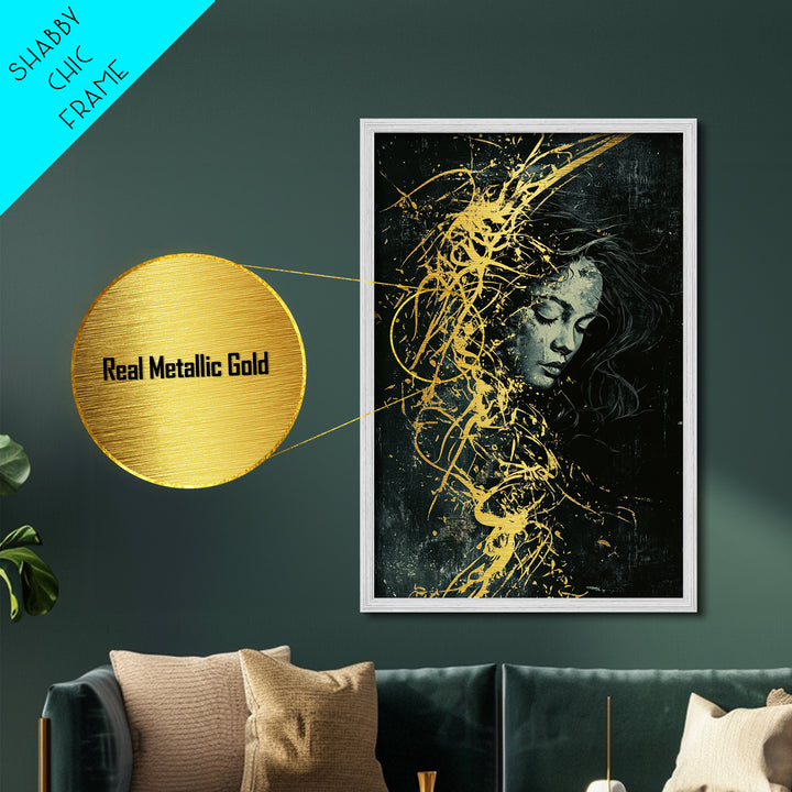 Whimsical Witch Metallic Gold Art Spooky Portrait, Halloween Metal Art Haunted Illustration, Framed In Real Wood For Gothic Decor