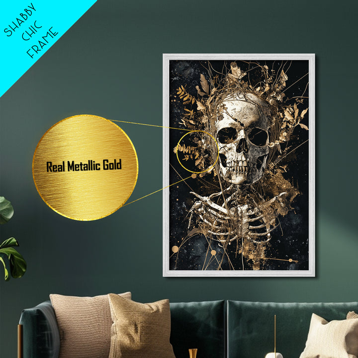 Skeleton Skull with Flowers Metallic Gold Art Metal Art Gothic Halloween Wall Decor Spooky Skeleton Illustration in Real Wood Frame