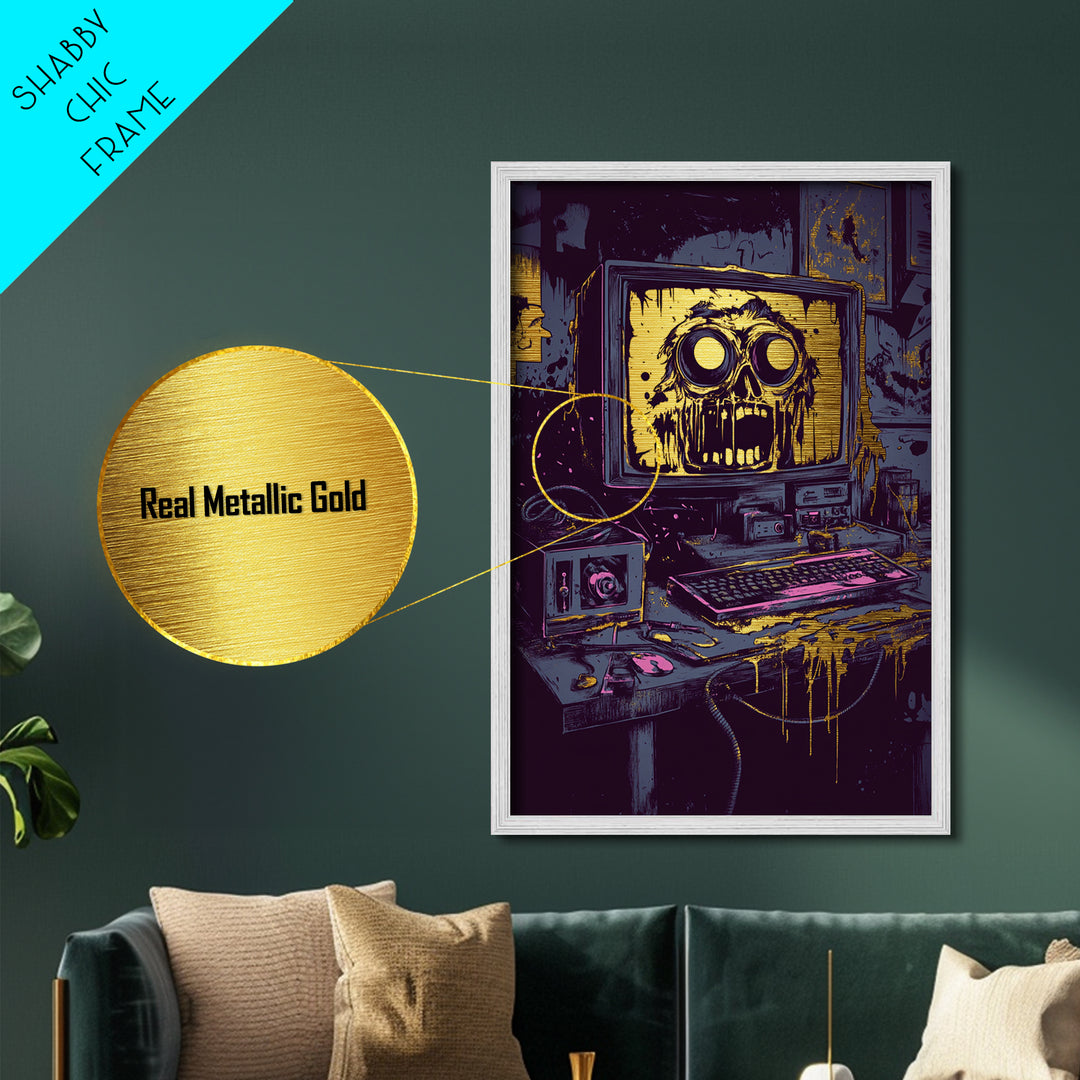 Haunted Computer Metallic Gold Art Creepy Tech Horror, Spooky Season Metal Art For Halloween, Gothic Wall Piece In Real Wood Frame