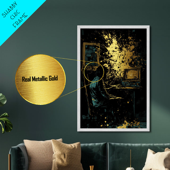 Haunted Horror Scene Metallic Gold Art Metal Art | Creepy Halloween Wall Decor in Real Wood Frame Gothic Spooky Season Print