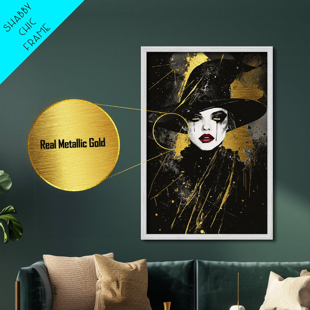 Spooky Witch Hat Metallic Gold Art Metal Art | Gothic Halloween Wall Print Crafted with Natural Wood Frame for Haunted Home Decor