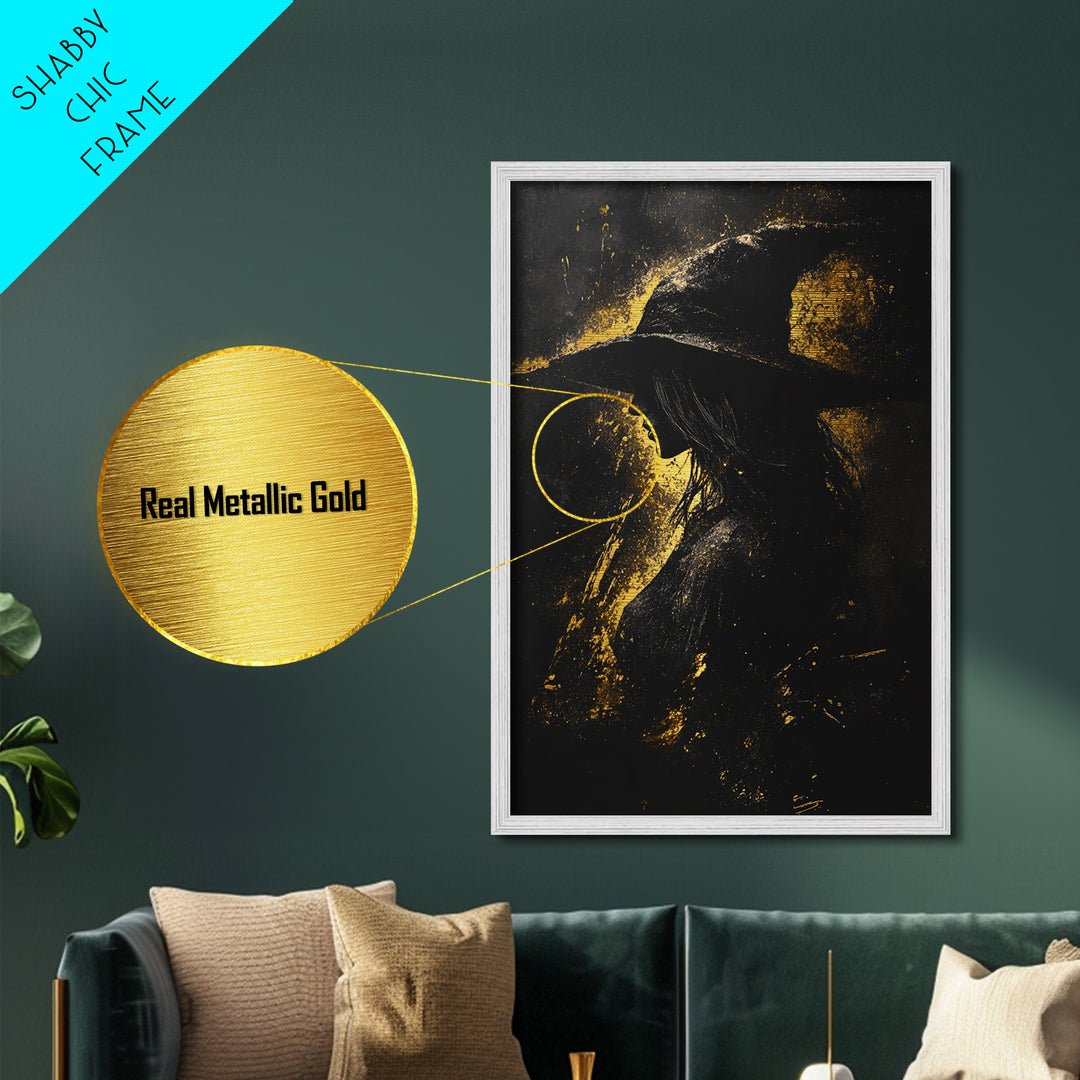 Enchanted Library Metallic Gold Art Metal Art | Haunted Book Lover’s Spooky Halloween Wall Hanging in Real Wood Frame Gothic Style