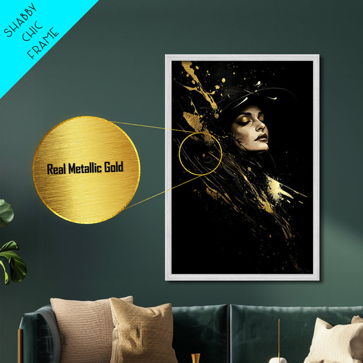 Eerie Haunted Face Metallic Gold Art Metal Art | Spooky Halloween Horror Wall Hanging with Natural Wood Frame Gothic Creepy Style