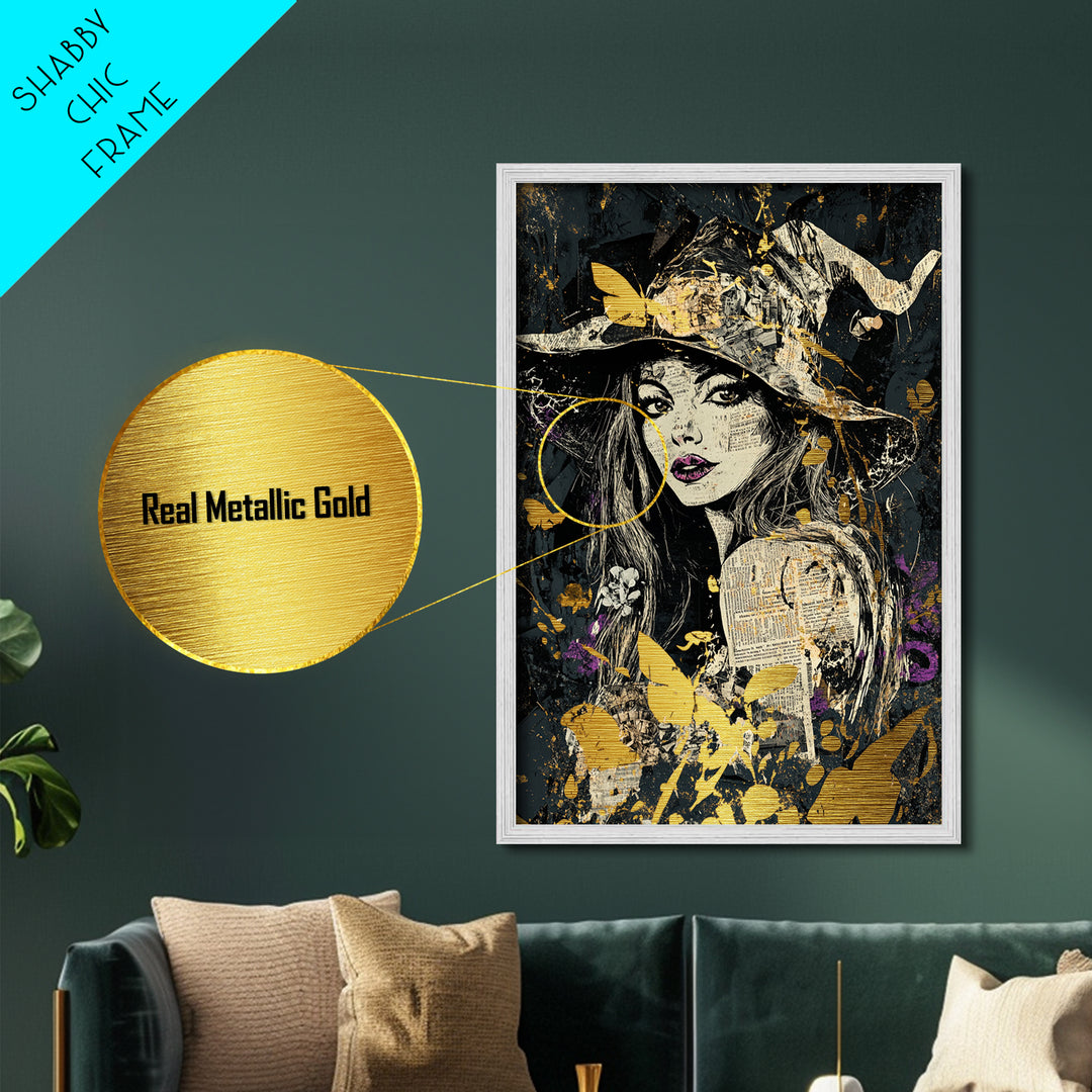 Witch Hat Woman Portrait Metallic Gold Art Metal Art Halloween Wall Decor Spooky Gothic Witchy Illustration in Real Wood Frame