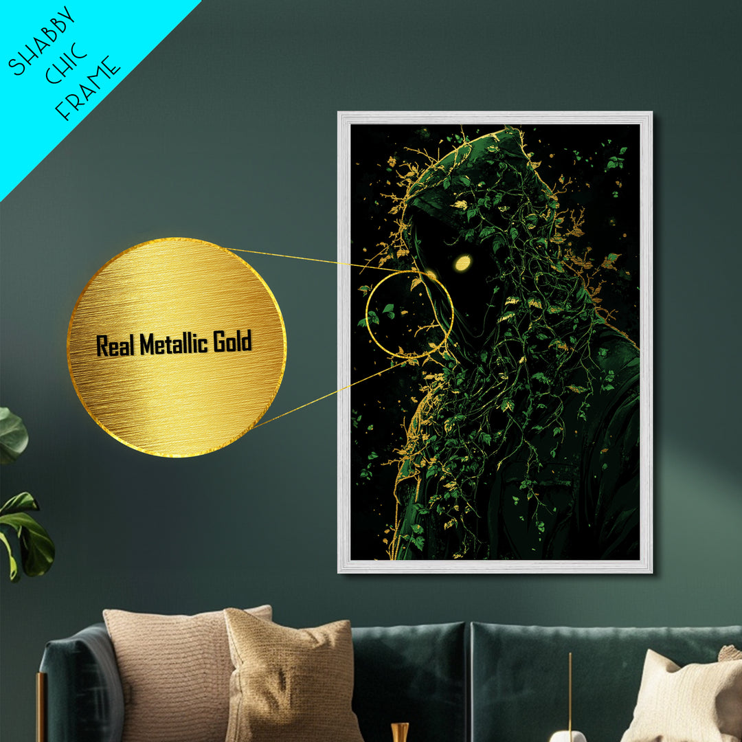Haunted Hooded Figure Metallic Gold Art, Creepy Vine Cloaked Spirit Metal Art, Gothic Halloween Wall Decor Framed in Real Wood