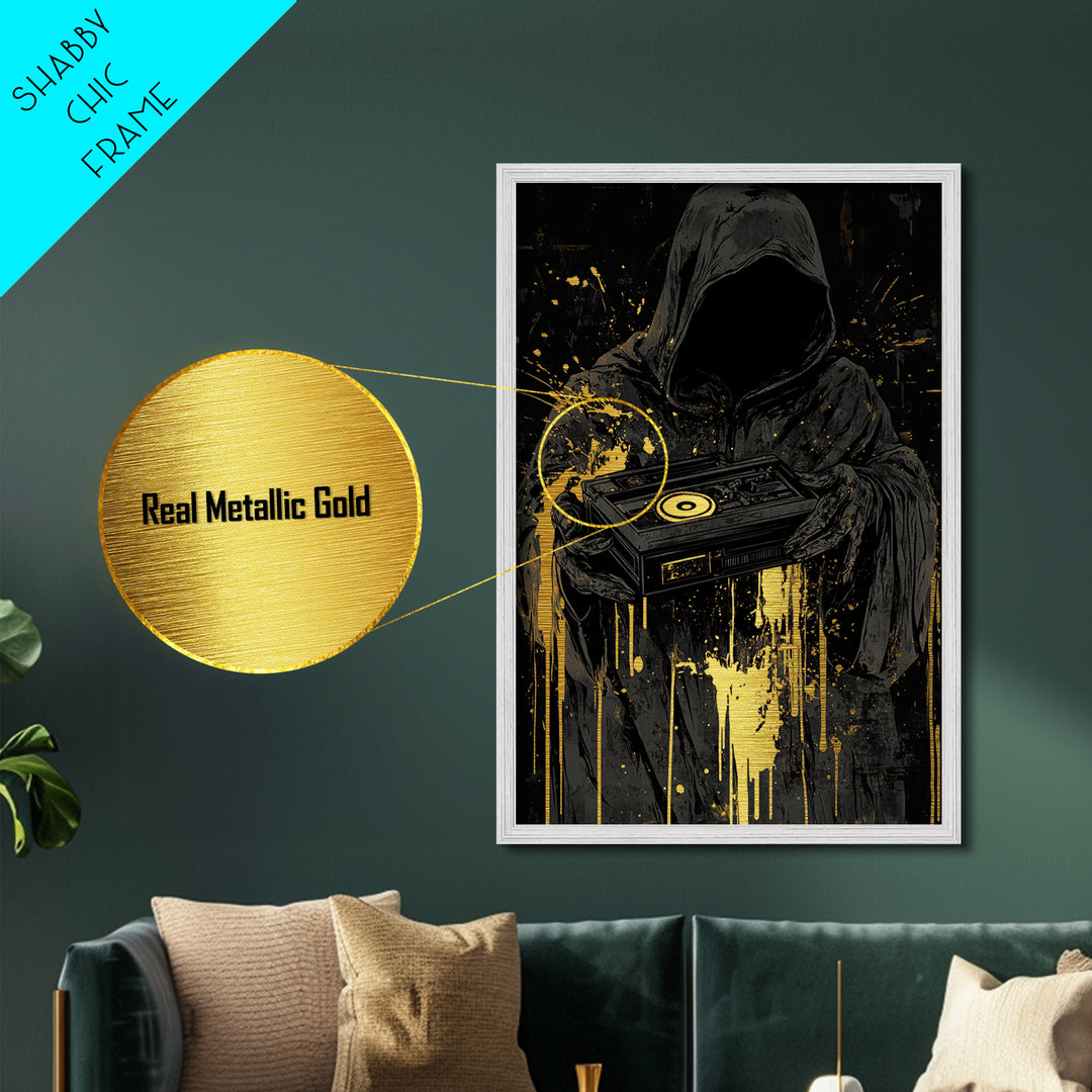 Dark Reaper with Turntable Metallic Gold Art, Spooky DJ Death Metal Art, Horror Halloween Wall Hanging in Solid Wood Frame
