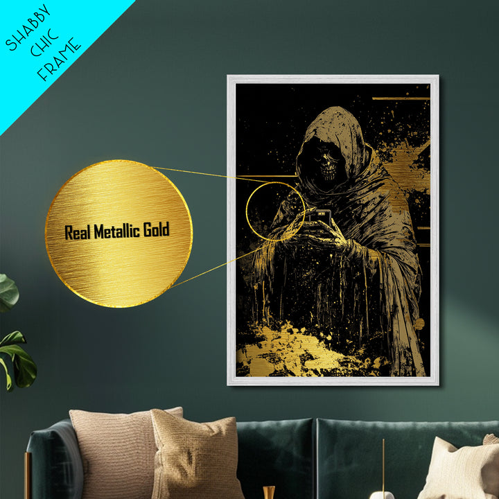 Gothic Skeleton Reaper Metallic Gold Art, Creepy Hooded Death Metal Art, Haunted Halloween Horror Decor with Real Wood Framing
