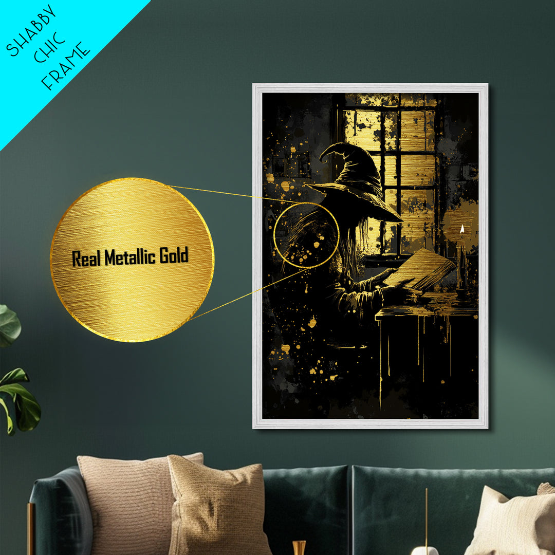 Creepy Witch Reading Candlelight Metallic Gold Art, Haunted Gothic Wizard Metal Art, Halloween Decor Framed in Authentic Wood