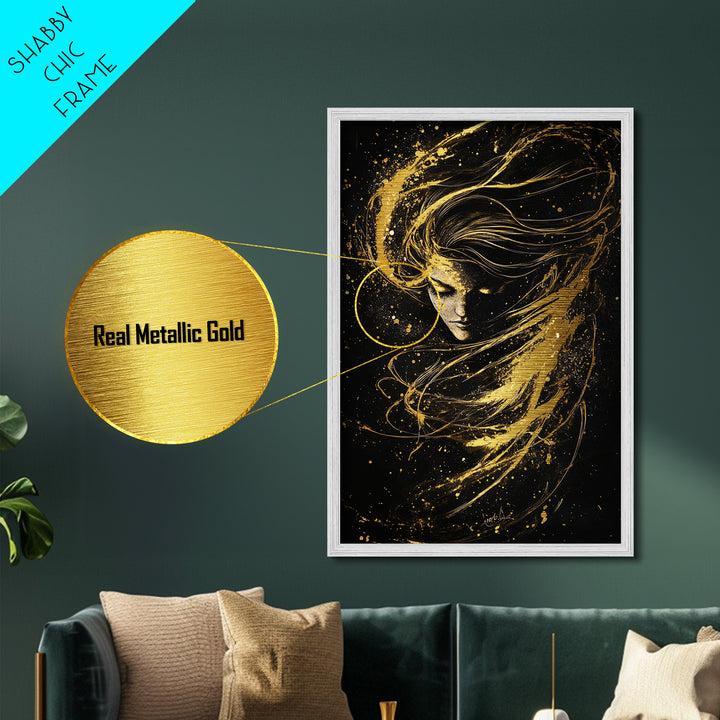 Mystical Female Spirit Metallic Gold Art, Enchanted Ethereal Horror Metal Art, Gothic Halloween Wall Print with Real Wood Frame