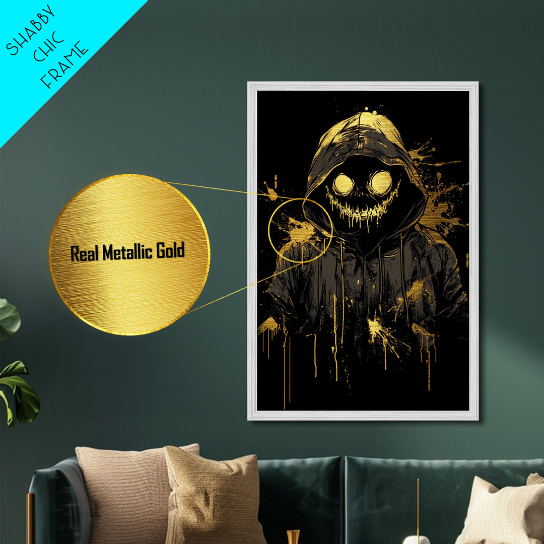 Grinning Pumpkin Spirit Metallic Gold Art, Spooky Halloween Hooded Monster Metal Art, Gothic Horror Print in Real Wooden Frame