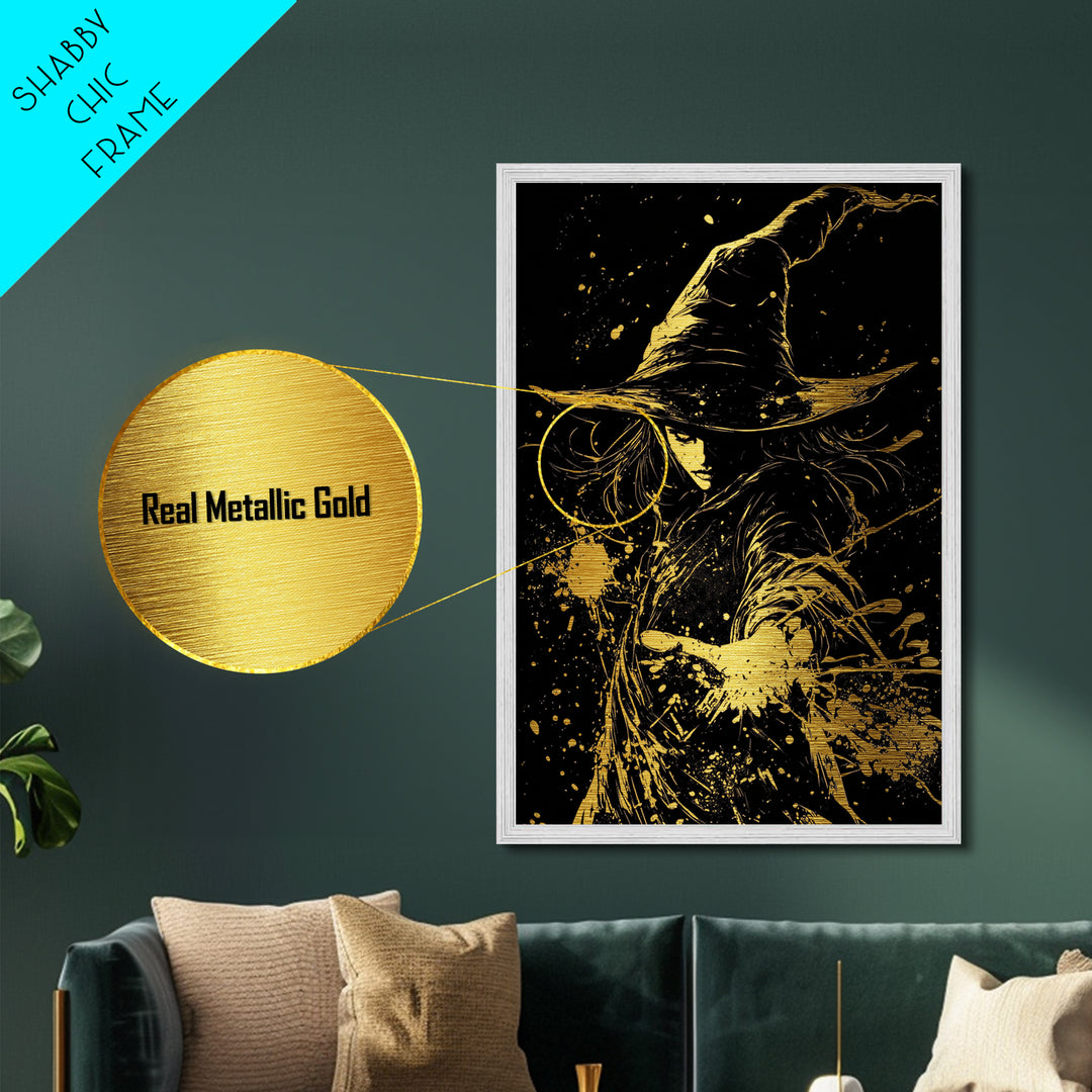 Witch Casting Spell Metallic Gold Art Metal Art Halloween Wall Decor Spooky Sorceress Gothic Magic Artwork in Real Wood Frame
