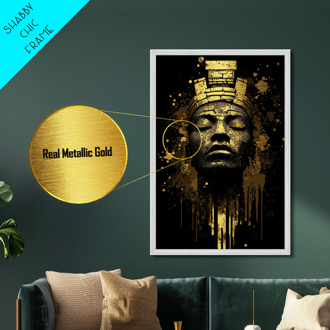 Ancient Gothic Idol Metallic Gold Art, Haunted Masked Statue Metal Art, Spooky Season Horror Wall Decor with Framed Real Wood