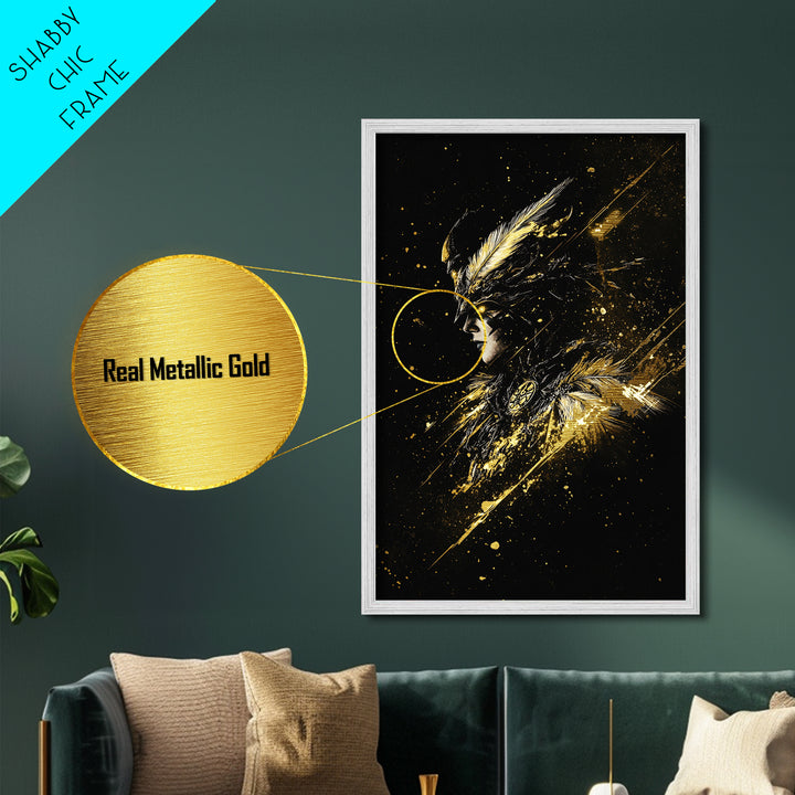 Gothic Valkyrie Warrior Metal Art, Metallic Gold Art with Fantasy Spooky Style, Halloween Print Framed in Real Wood