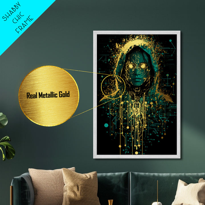 Cyberpunk Hooded Spirit Metallic Gold Art, Futuristic Horror Metal Art Print with Real Wood Frame for Spooky Season Decor