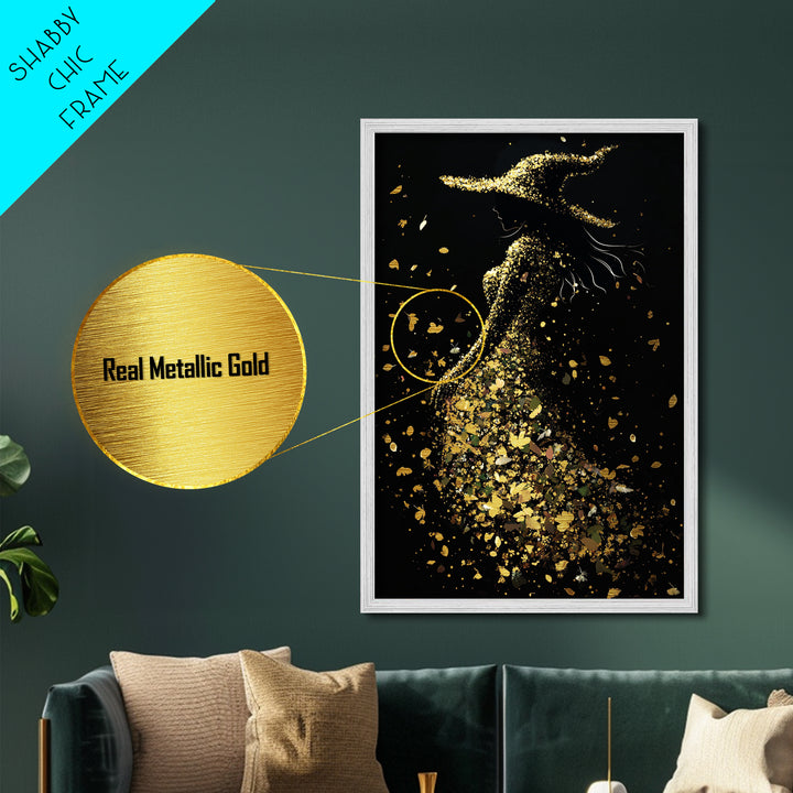 Witchy Woman of Autumn Metallic Gold Art, Enchanted Spooky Season Metal Art Print in Real Wood Frame, Gothic Halloween Decor