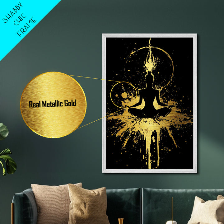 Mystic Meditation Halloween Metal Art, Metallic Gold Art with Spooky Cosmic Energy, Wall Print in Real Wood Framing