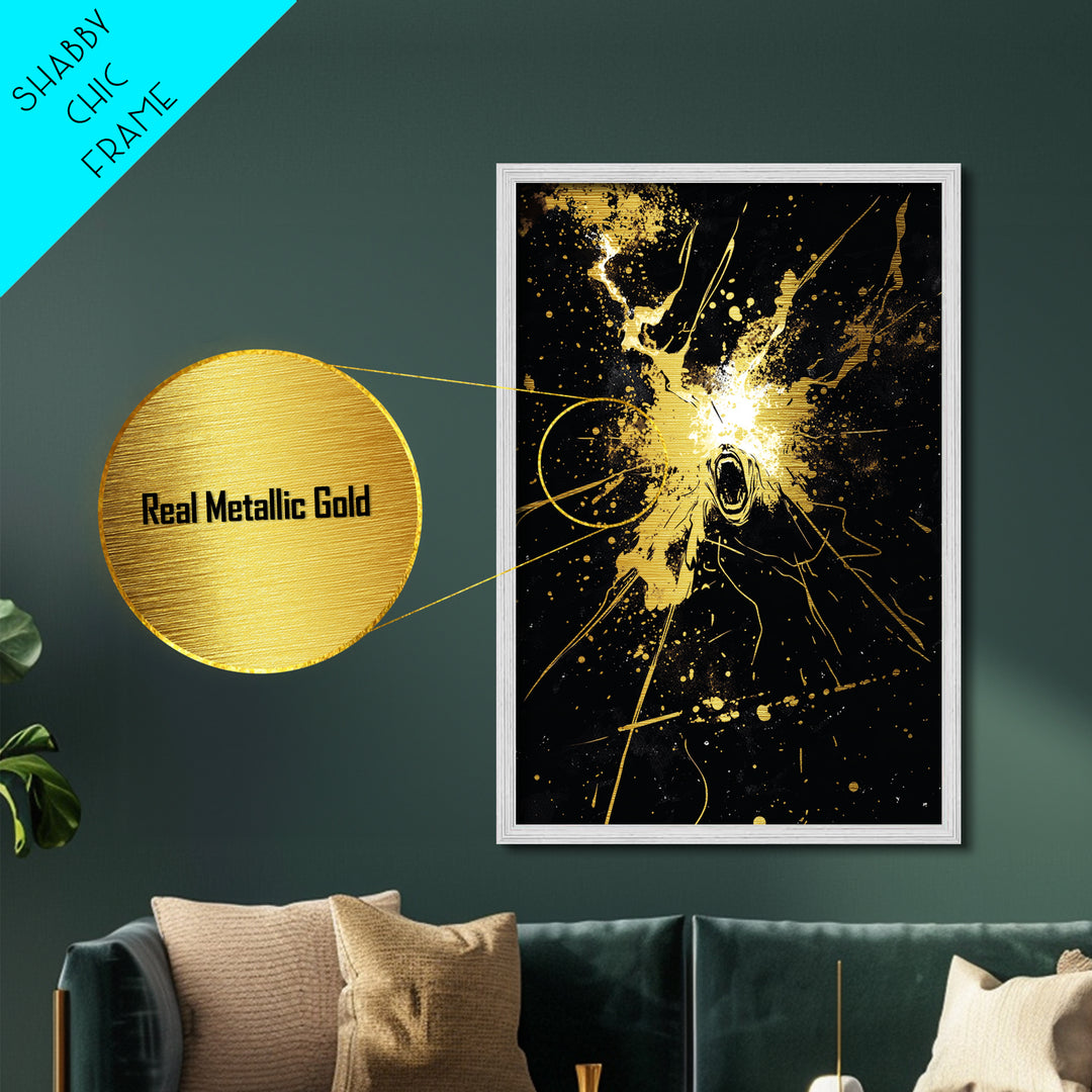 Screaming Ghost Explosion Metallic Gold Art Metal Art Halloween Wall Decor Haunted Horror Spooky Spirit in Real Wood Frame