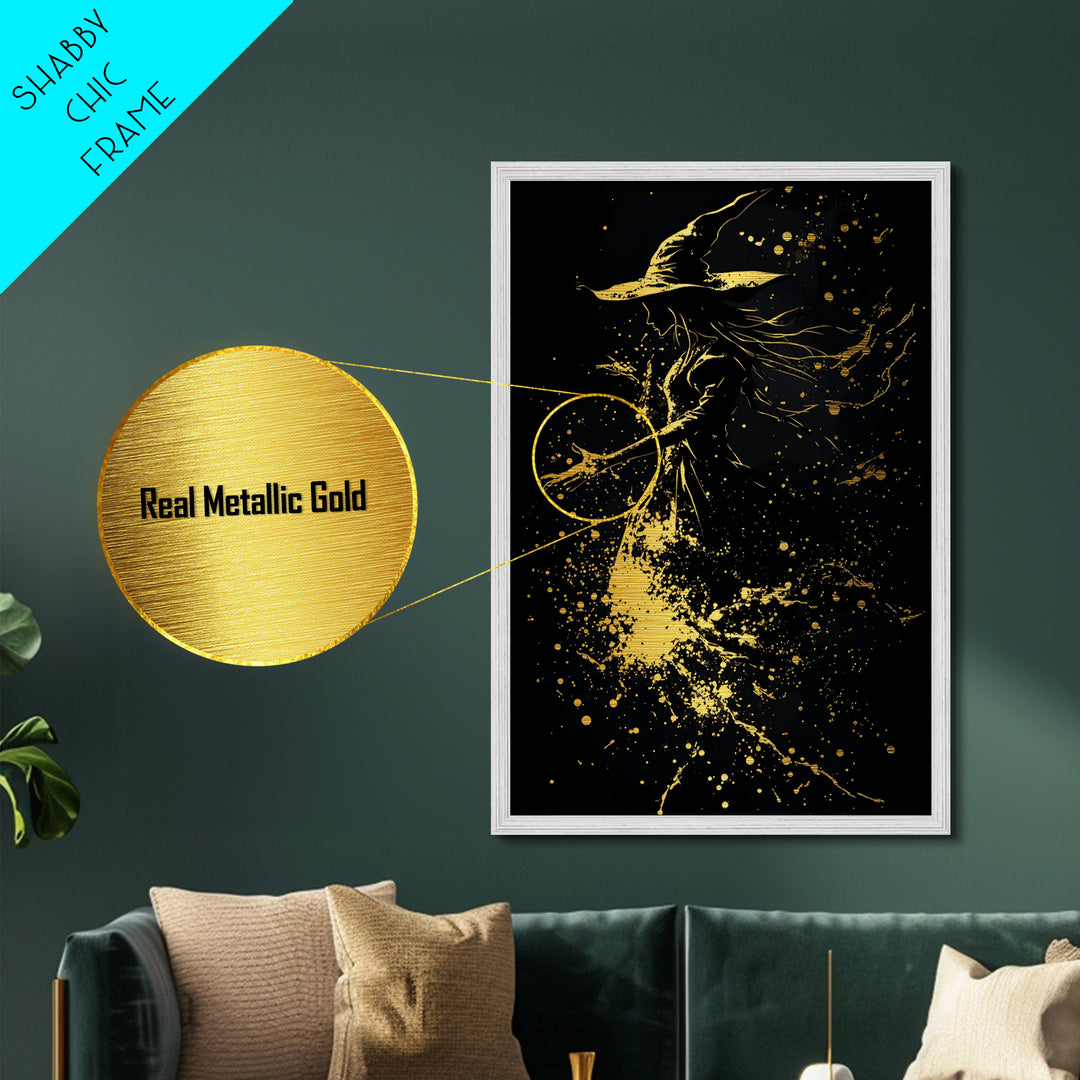 Ghost Tree with Golden Lights Metallic Gold Art | Creepy Haunted Forest Metal Art in a Real Wood Frame for Gothic Halloween Style