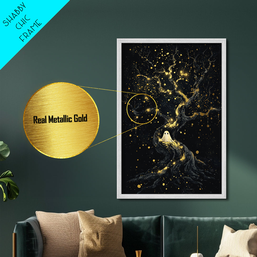 Dark Sorceress Metallic Gold Art | Mysterious Witch Portrait Metal Art with Real Wood Framing for Spooky Season Halloween Decor