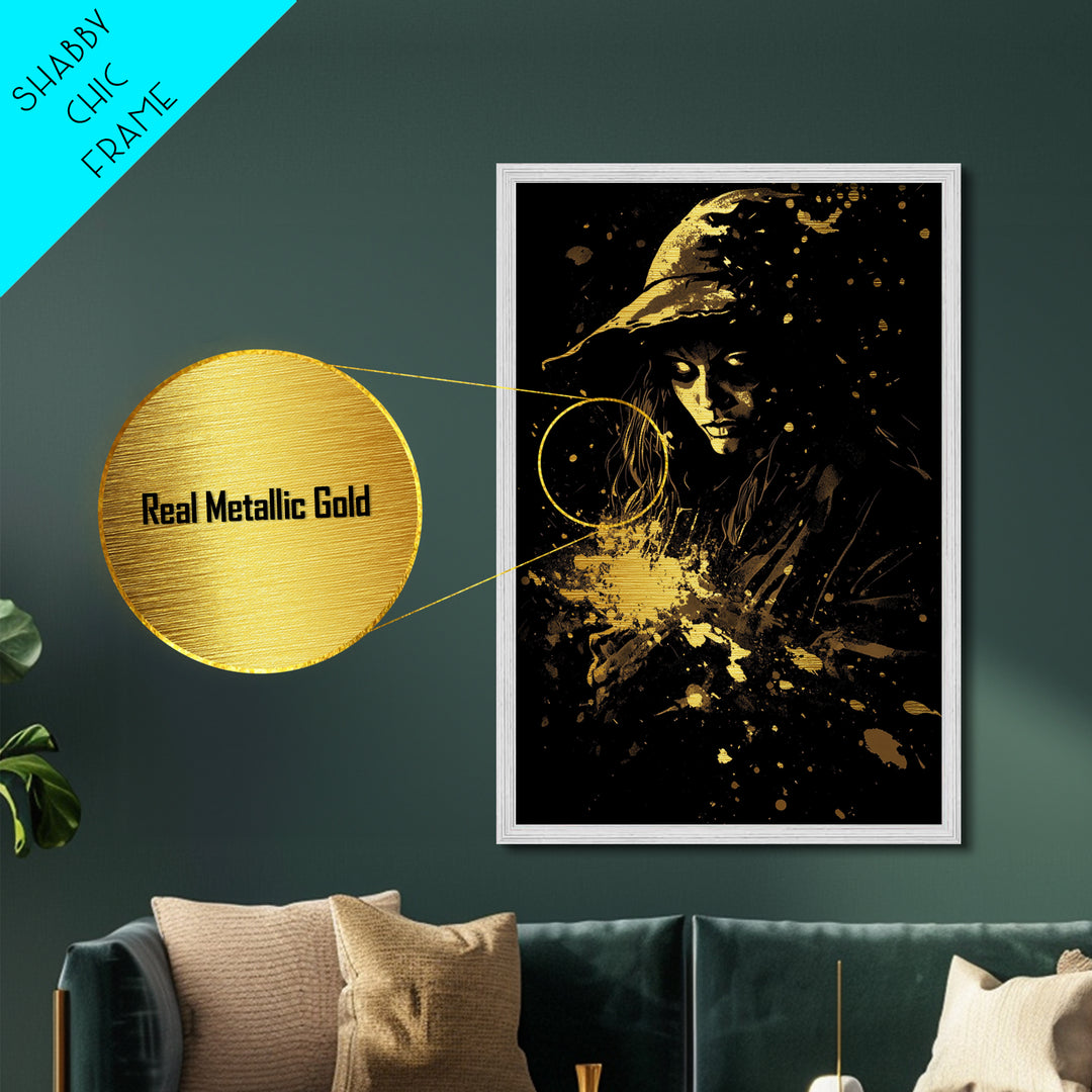 Golden Witch Under Starlight Metallic Gold Art | Haunted Night Metal Art in Real Wood Frame for Spooky Season Halloween Wall Art