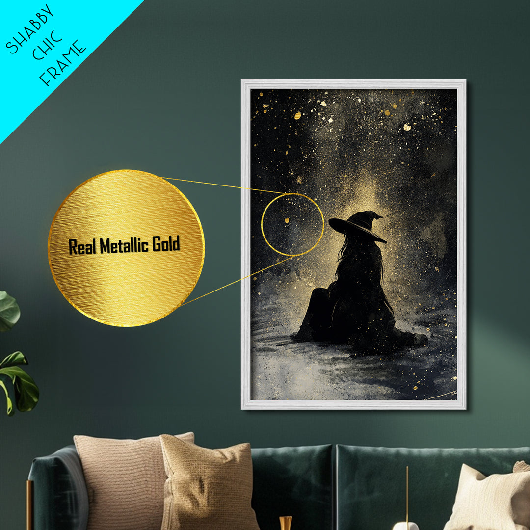 Autumn Goddess with Leaves Metallic Gold Art | Enchanted Fall Season Metal Art Framed in Real Wood for Halloween and Gothic Decor