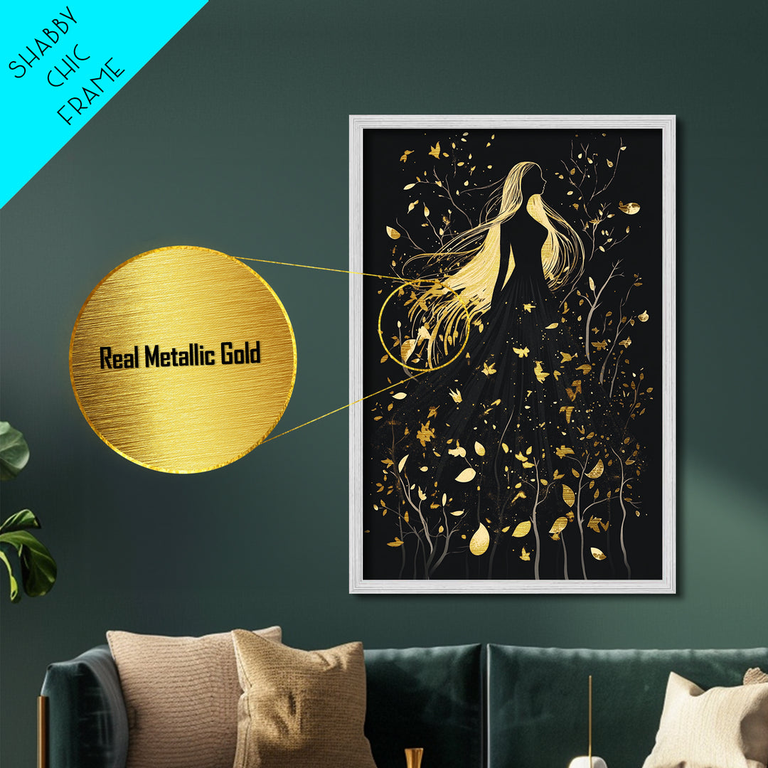 Creepy Feathered Profile Metallic Gold Art | Gothic Silhouette Metal Art with Real Wood Frame for Spooky Season Halloween Wall Decor