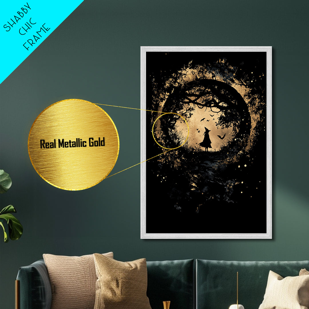Witch Portrait in Golden Splatter Metallic Gold Art | Gothic Halloween Metal Art Framed with Real Wood for Spooky Season Wall Decor