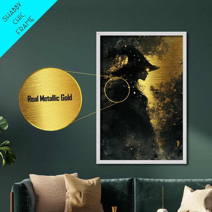Witchy Halloween Metallic Gold Art Metal Art – Gothic Witch Silhouette in Natural Wood Frame, Spooky Season Wall Decor