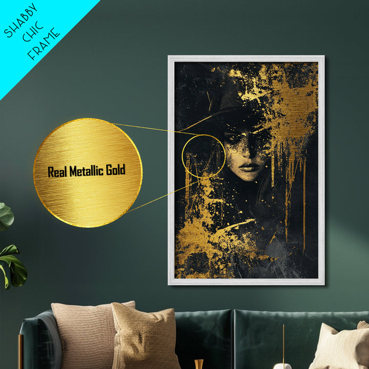 Haunted Sorceress Portrait Metallic Gold Art Metal Art – Spooky Gothic Halloween Wall Hanging in Real Wood Frame