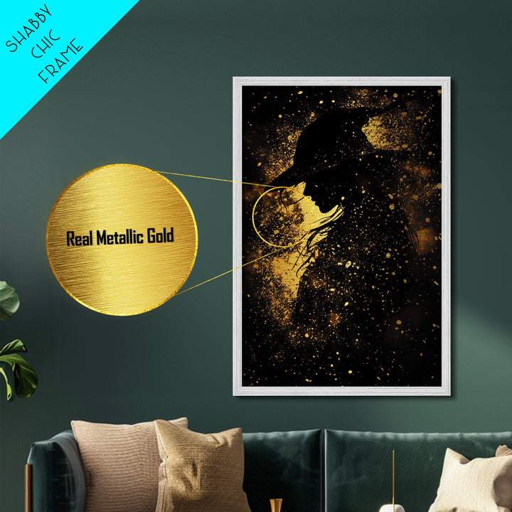 Creepy Witch Silhouette Metallic Gold Art Metal Art – Spooky Season Decor Framed in Rustic Real Wood, Halloween Wall Art