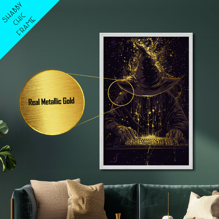 Dark Wizard Hacker Metallic Gold Art Metal Art – Spooky Tech Witch Wall Print with Real Wood Frame, Haunted Season Decor