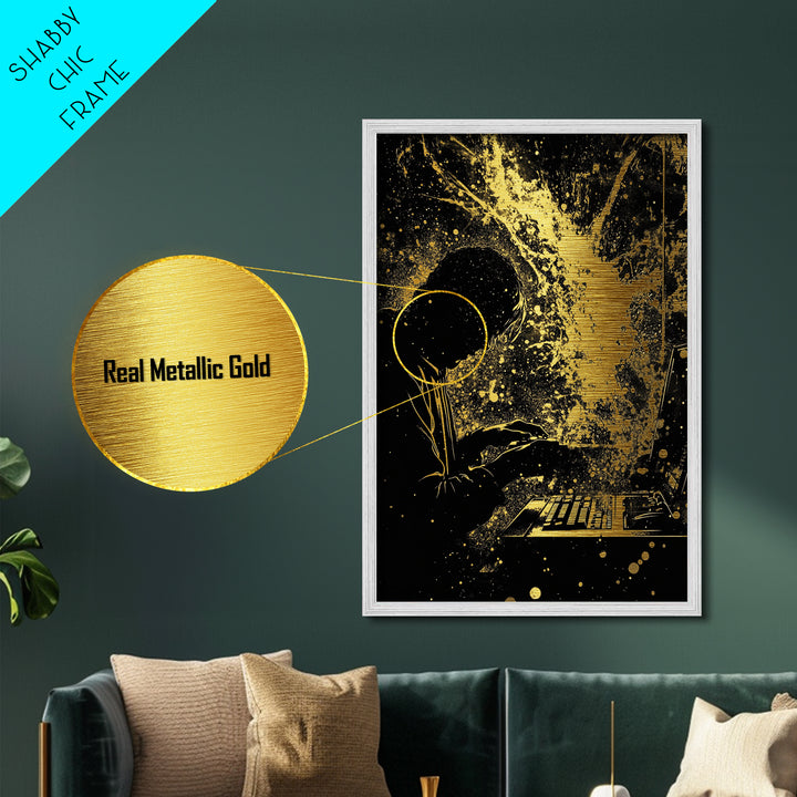 Cyber Spooky Hacker Metallic Gold Art Metal Art – Creepy Halloween Digital Sorcery Print in Real Wood Frame, Gothic Wall Art